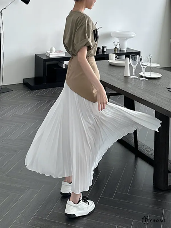 A-Line Loose Contrast Color Pleated Split-Joint Skirts Bottoms | IFYHOME