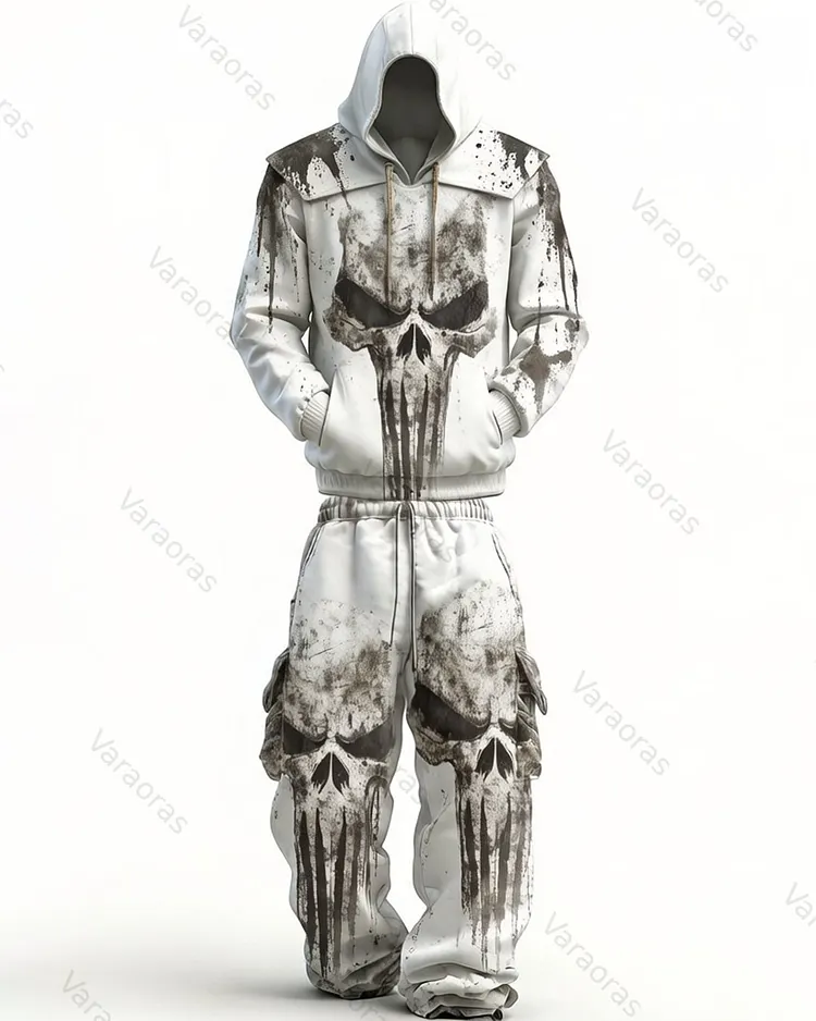 Men's Fashion Skull Contrast Color Embroidered Hoodie & Pants Two-Piece Set 2404