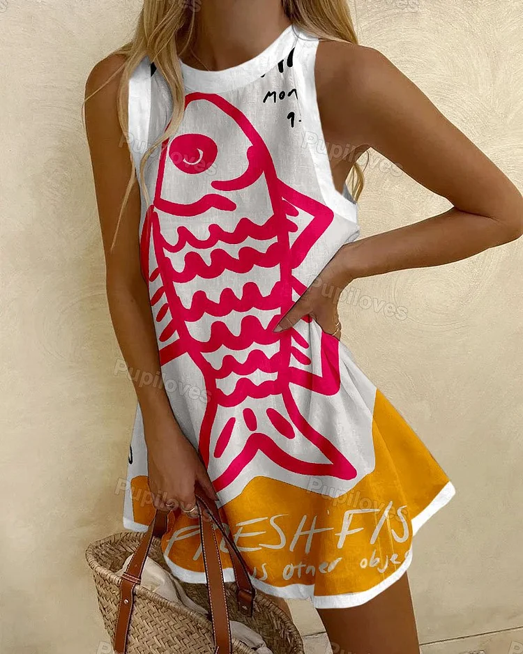 Pupiloves Pupiloves Abstract Fish Print Wave Edge Mini Dress
