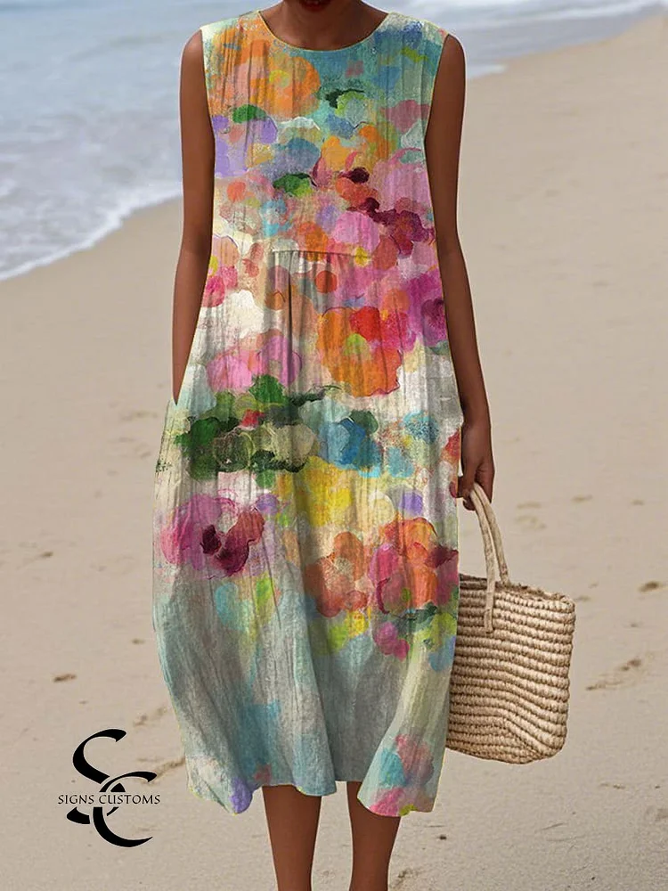 Women's Vintage Floral  Art Print Sleeveless Cotton Pocket Wrap Dress