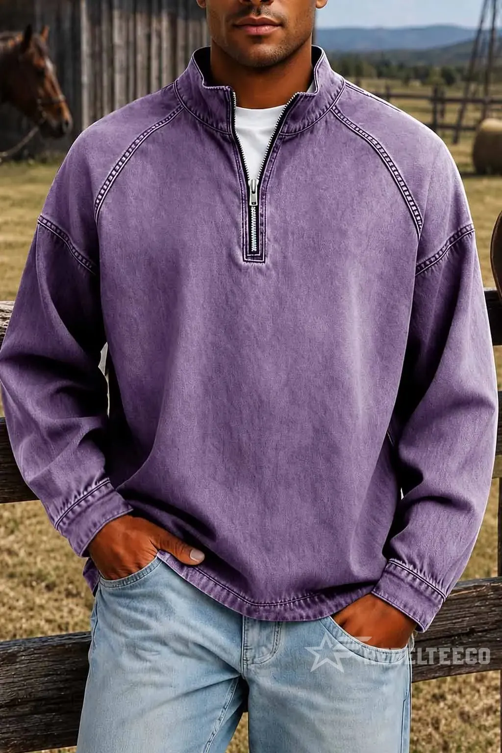 Man wearing the purple vintage half-zip cotton pullover outdoors