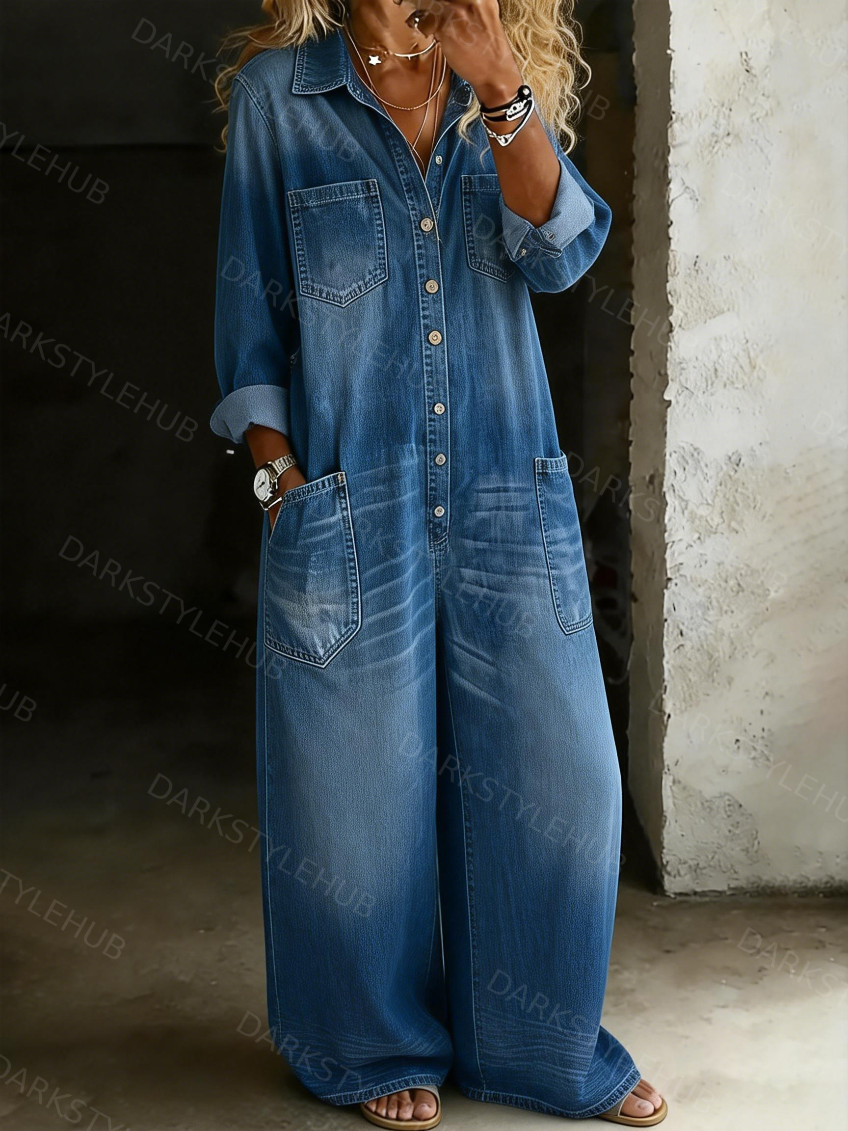 Women's Solid Color Cozy Casual Cotton Denim Jumpsuit