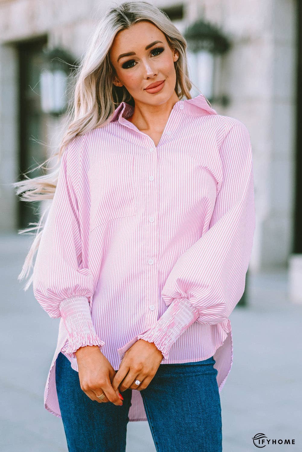 Striped Lantern Sleeve Collared Shirt | IFYHOME