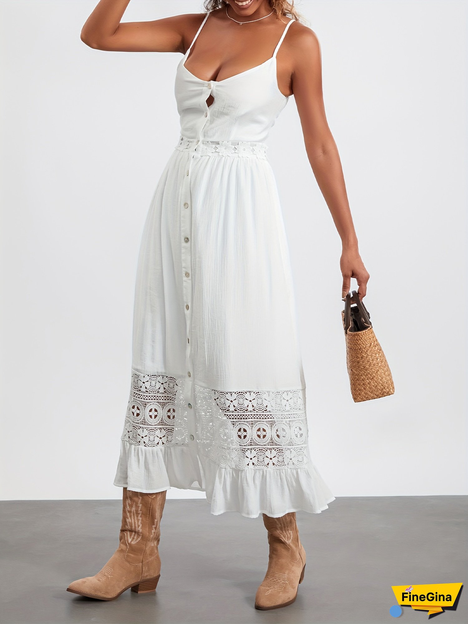 Elegant White Lace Patchwork Maxi Dress For Women - Spaghetti Straps, Button Closure, Ruffled Hem, Summer Long Dress With Intricate Eyelet Design, Wedding Attire | Buttondown Dress | Polyester Blend, Dresses Elegant Formal