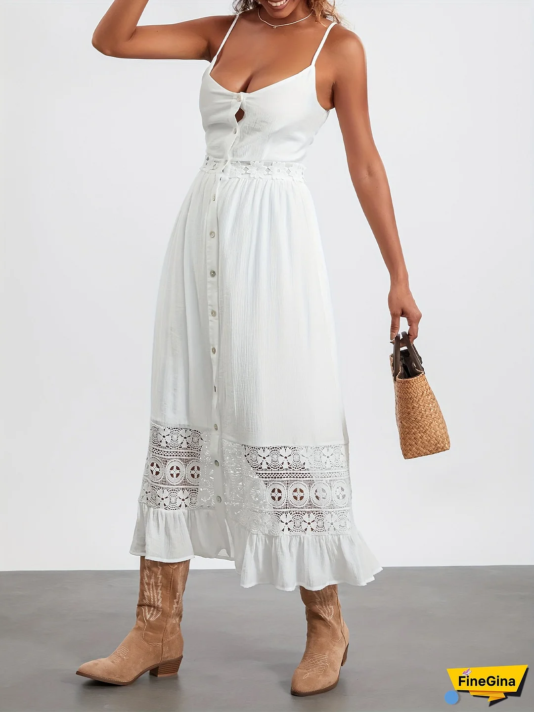 Elegant White Lace Patchwork Maxi Dress For Women - Spaghetti Straps, Button Closure, Ruffled Hem, Summer Long Dress With Intricate Eyelet Design, Wedding Attire | Buttondown Dress | Polyester Blend, Dresses Elegant Formal