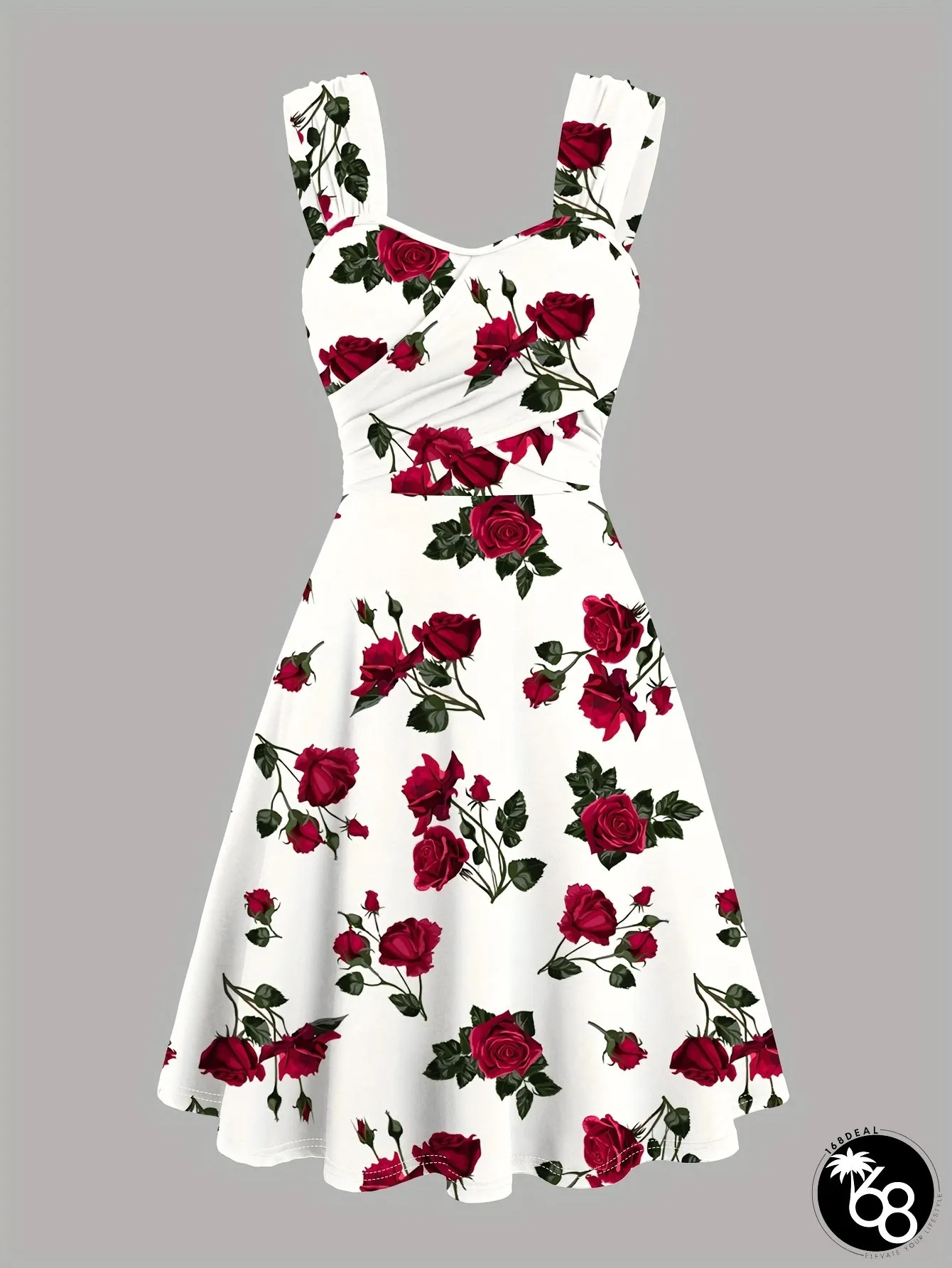 Womens Red Rose Print Off-shoulder Dress With Cross Front Straps Ruching A-Line Casual | 168DEAL