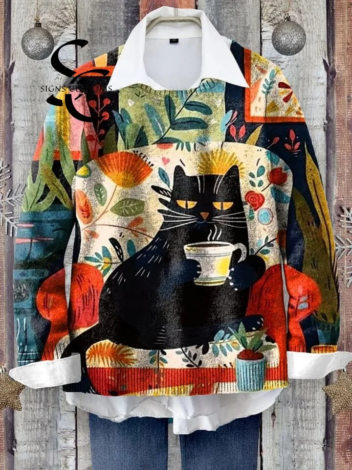 Sweet Cat Art Print Knit Pullover Sweater