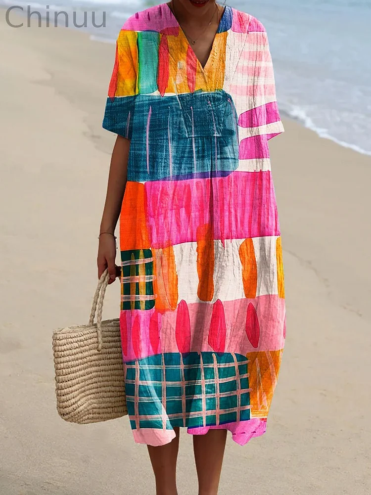 Women's Abstract Vibrant Bold Fun Colorful Geometric Stripes Art Print Flowy Dress