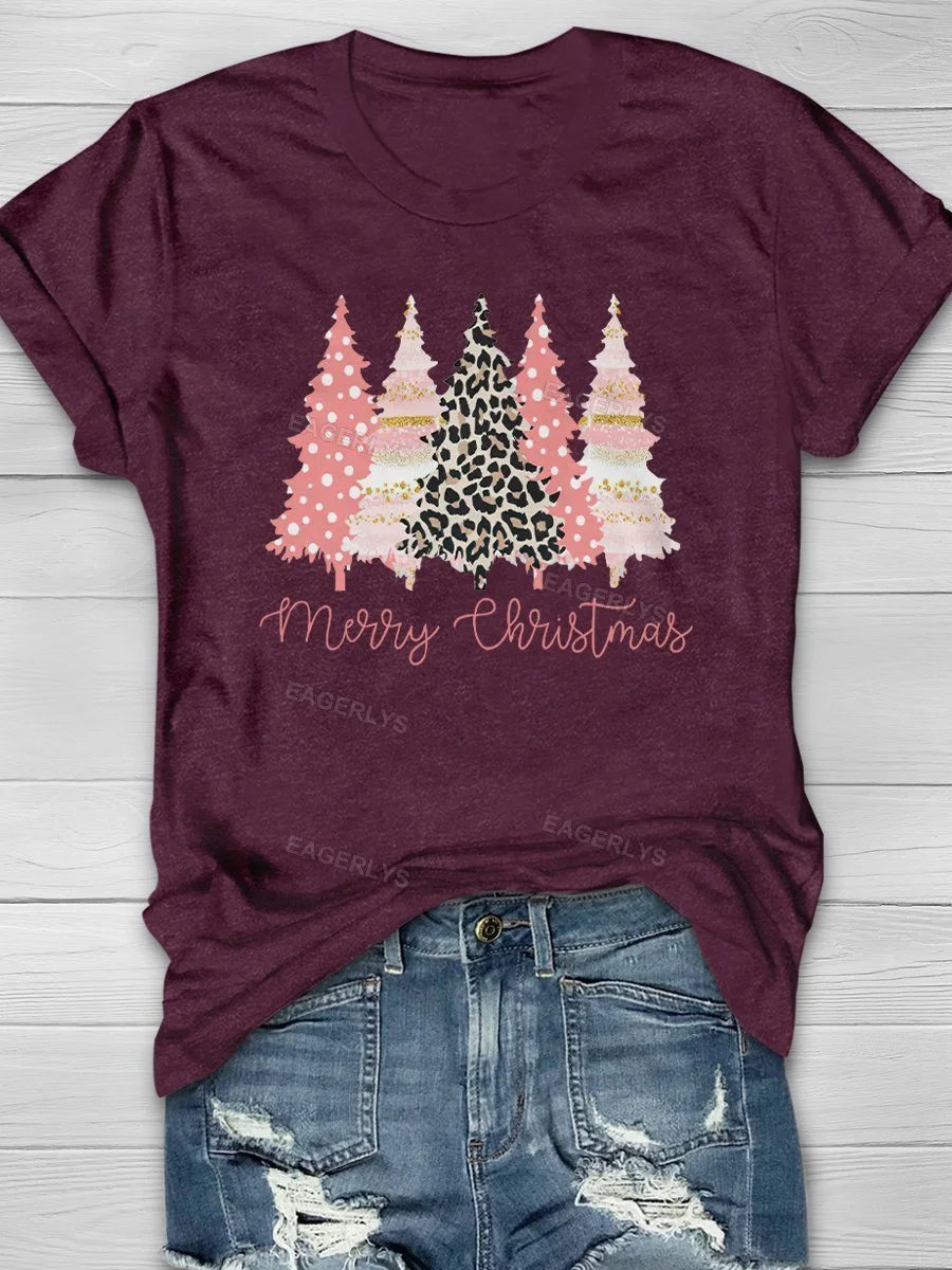 Eagerlys Merry Christmas Pinky Tree Print Short Sleeve T-shirt Eagerlys