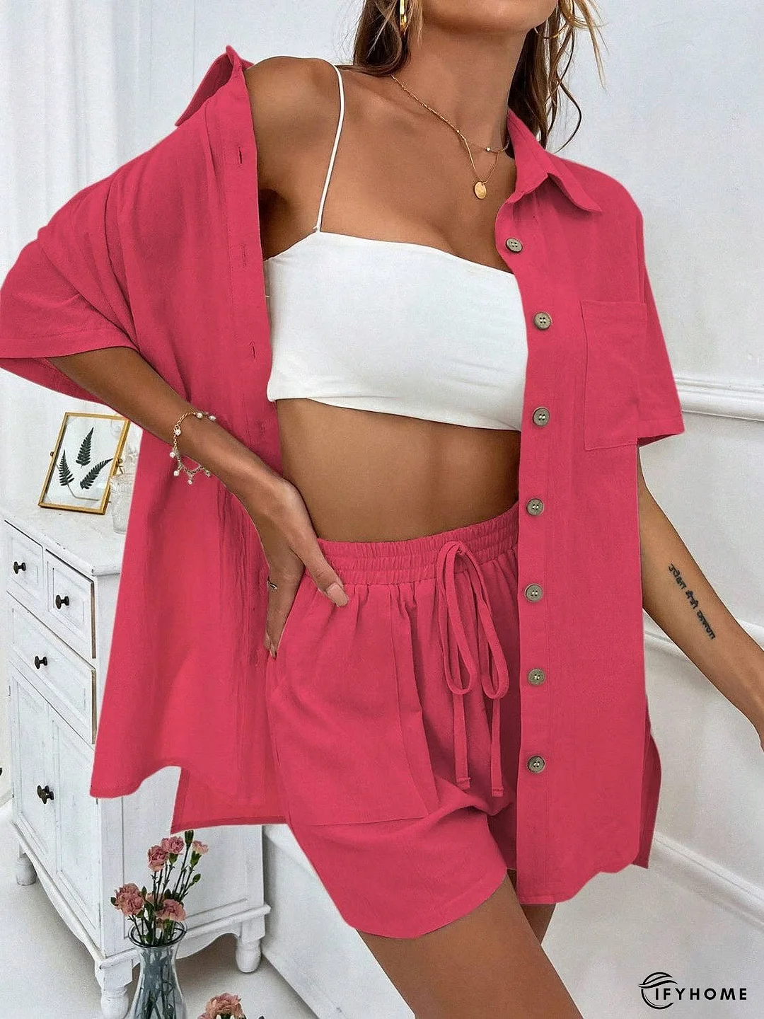 Button Up Half Sleeve Top and Shorts Set | IFYHOME