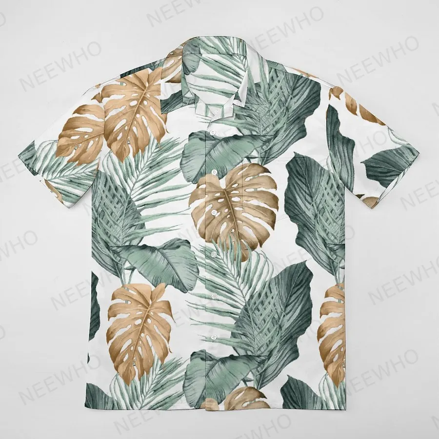 SFneewho Monstera Leaf Gold Tropical Floral Men's Tropical Print Hawaiian  Beach Vacation Shirt Hawaiian Shirt