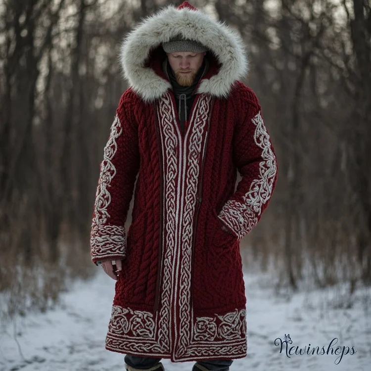 Men's Christmas Santa Celtic Art Mid-length Chunky Knit Cardigan Sweater