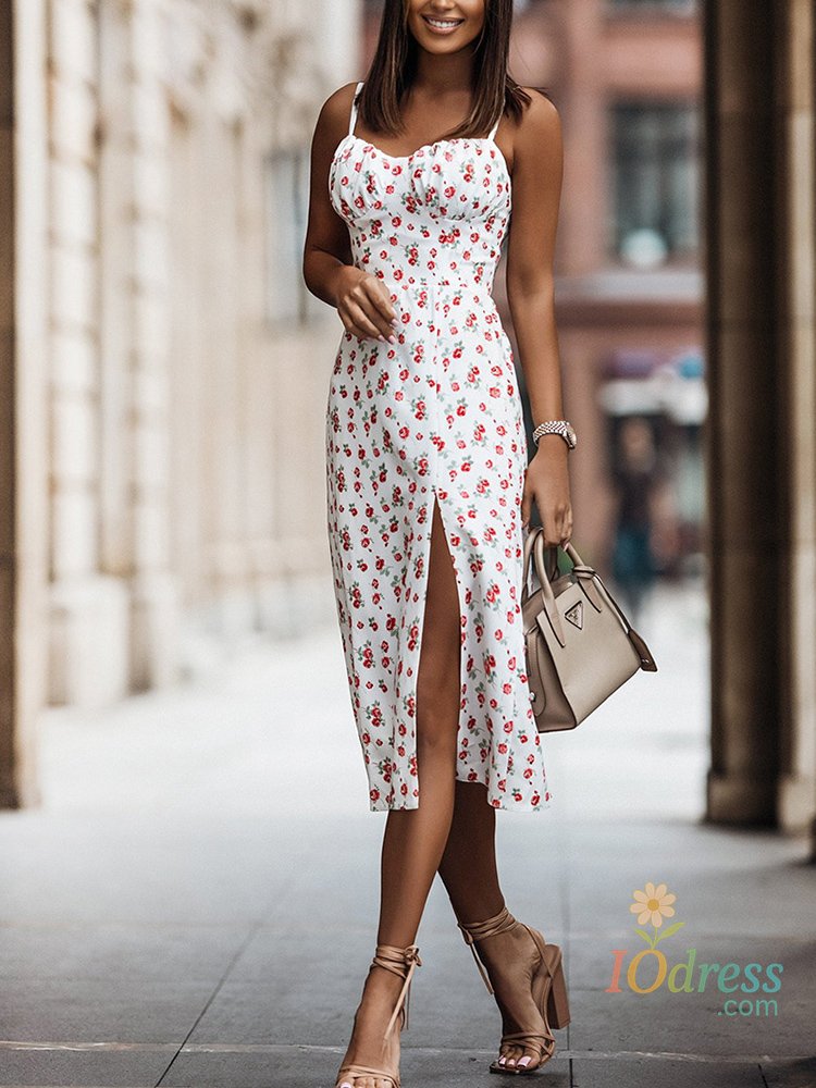 IO Dress Summer Sexy Midi Dress Women Fashion White Floral Print Backless Beach Sundresses Casual Slim Slit Sleeveless Dress 2025 New IO Dress