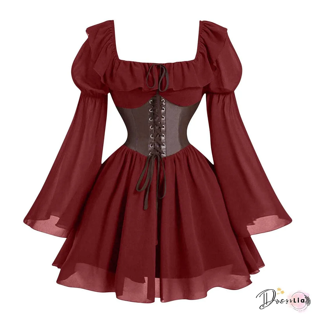 Autumn Pleated A-Line Vintage Dress, Semi-Formal Women's Fall Clothing With Bow Tie Long Sleeve Off-The-Shoulder Belted Waist Slim Fit Commuter Dress, Evening Wear, Office Attire, Offshoulder Design, Elegant Dress, Classic Tailoring, Tailored Fit