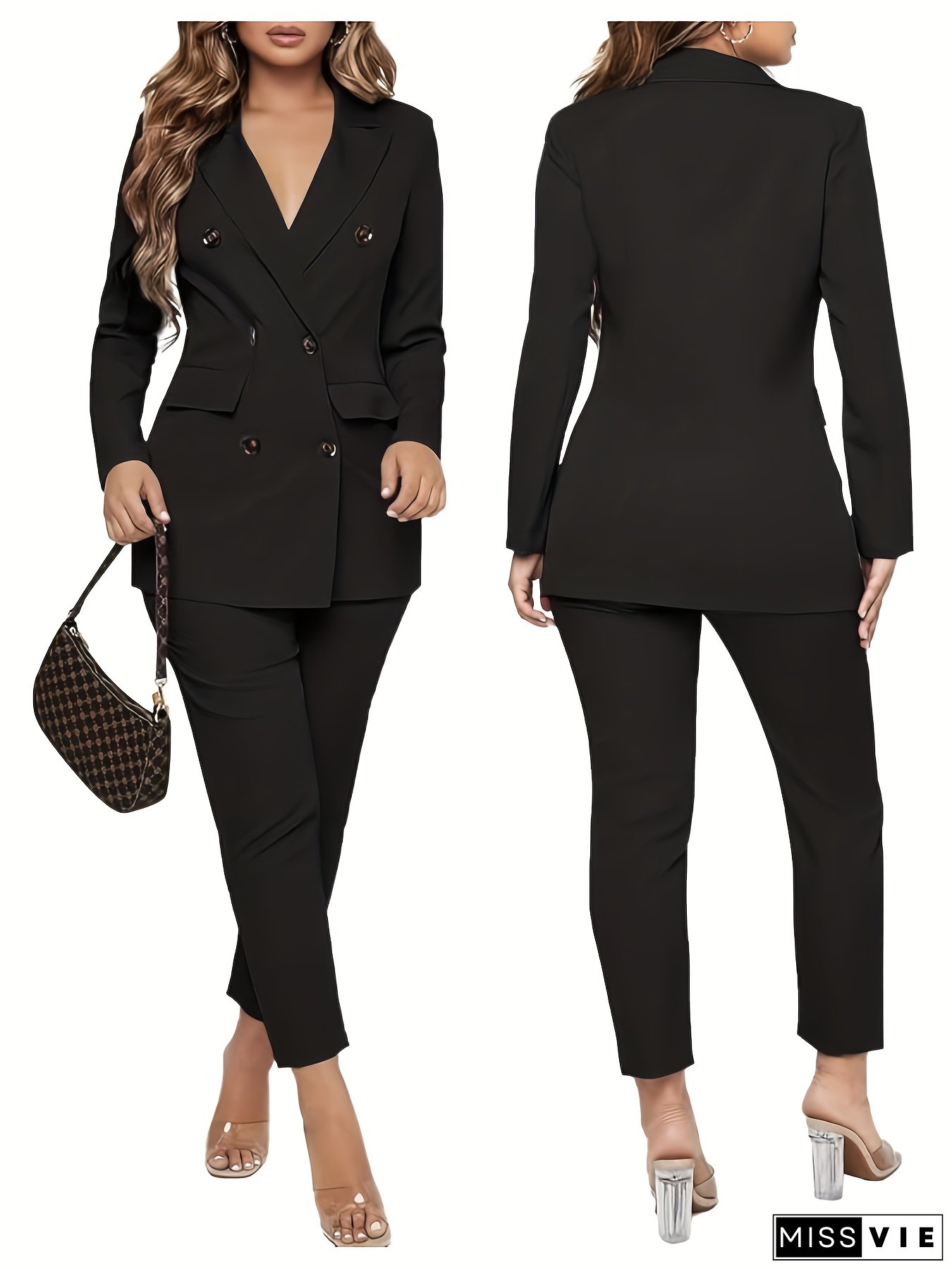 Women Double Breasted Blazer Set Formal 2pcs Pants Outfits Long Sleeve Bussines Suit Set for Work Office