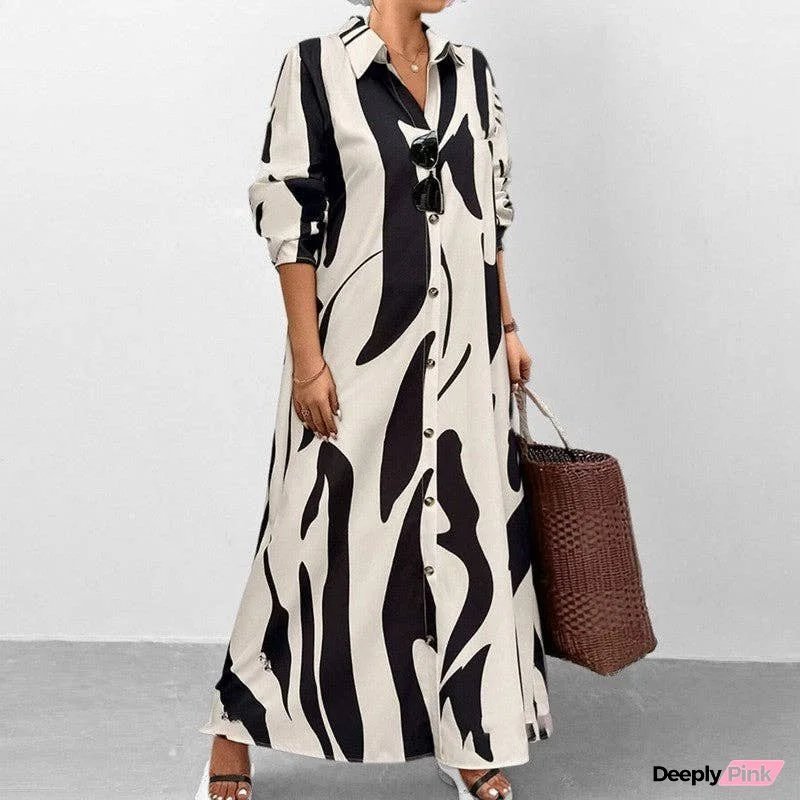 Loose Fit Long Sleeve Printed Shirt Dress