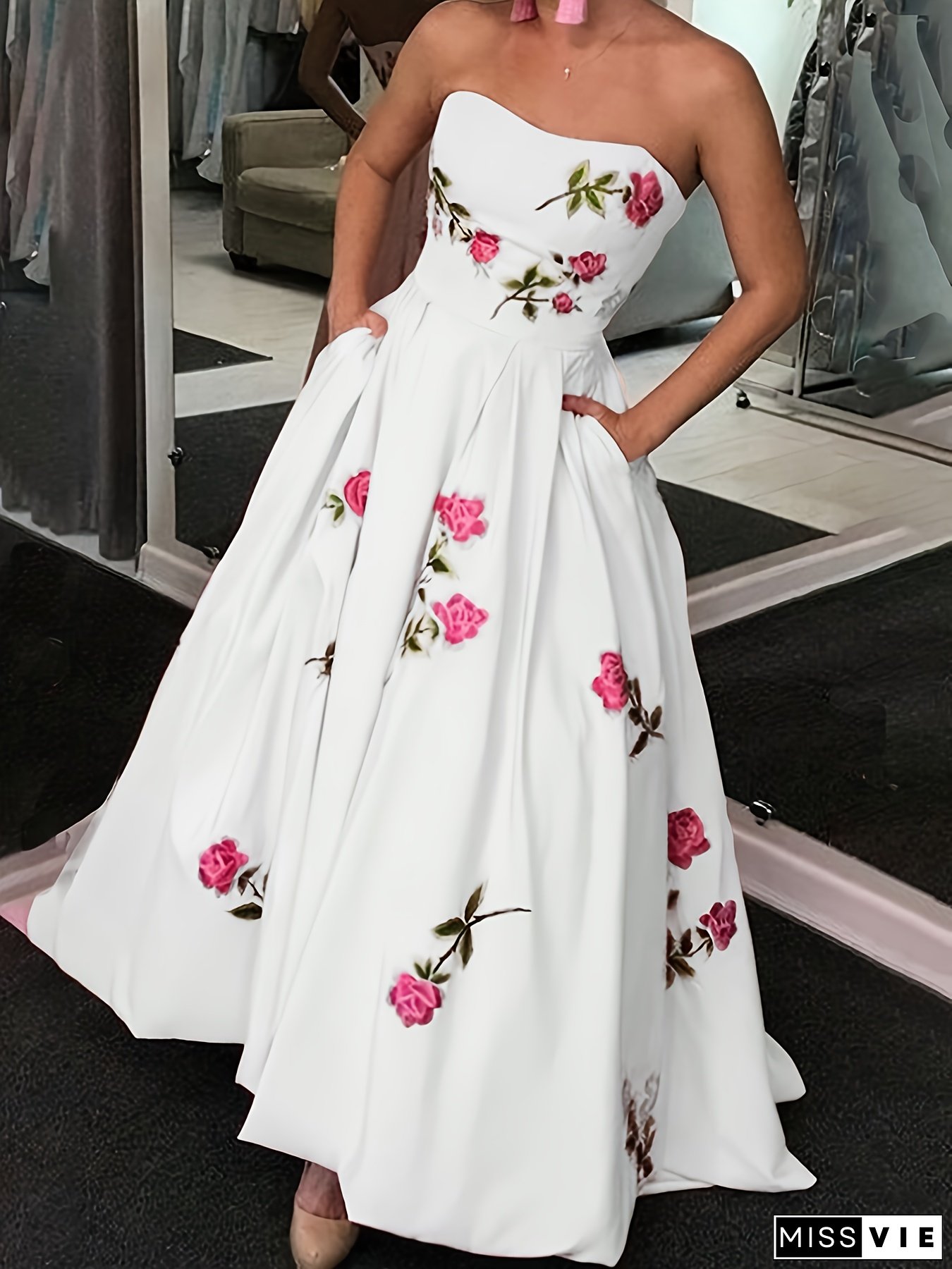 Women&lsquo;s Elegant A-Line Floral Print Sleeveless Dress - Knee-Length, Strapless, White with Pink Roses & Green Leaves, Perfect for Summer Events, Formal Attire|Floral Print Dress|Strapless Design, Floral Print Dress