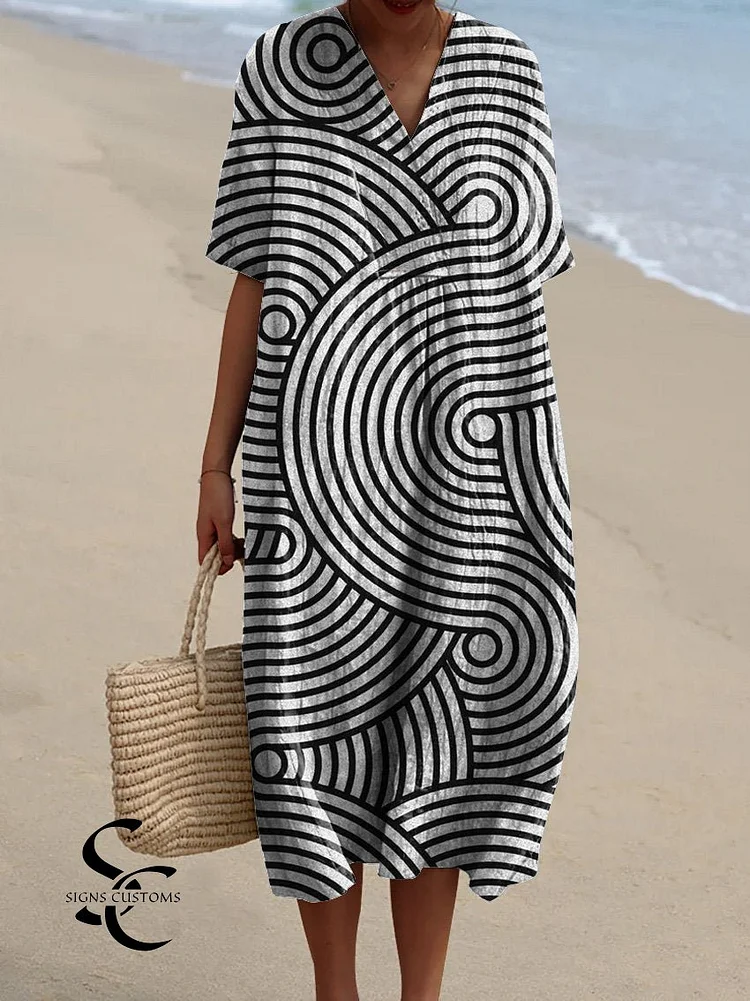 Swirling Line Drawing Pattern Printed Women's Flowy Dress