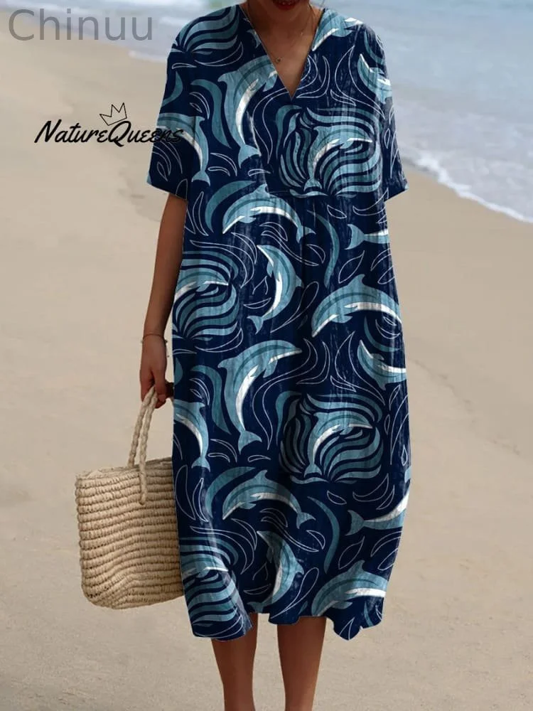 Dolphin Repeat Pattern Printed Women's Flowy Dress