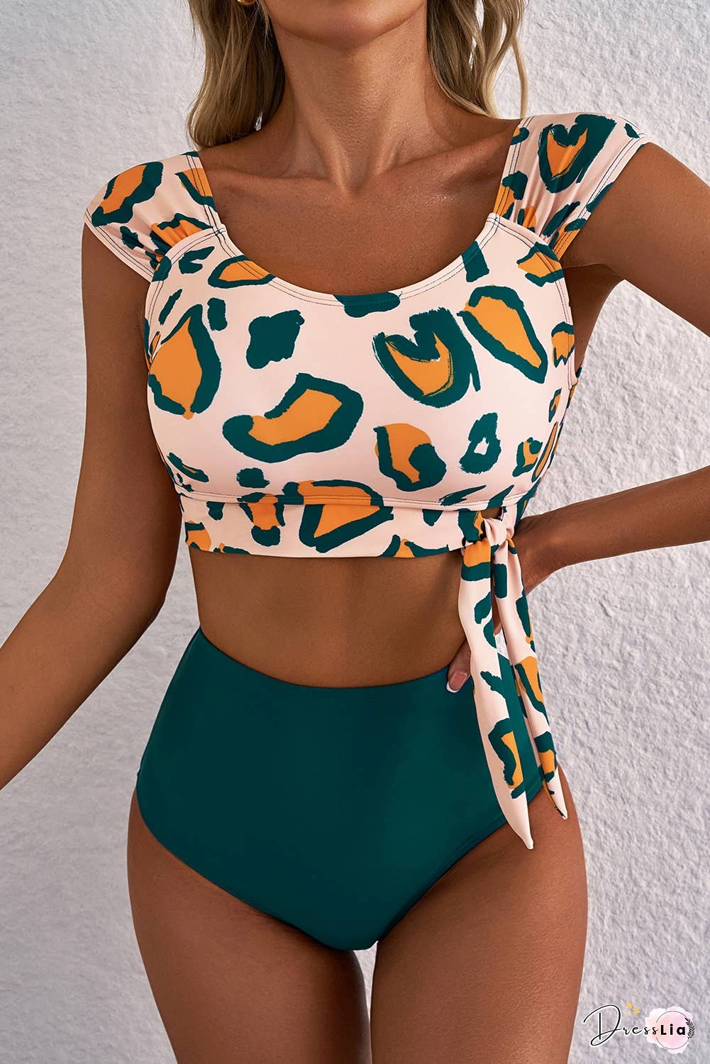 Colorblock Leopard Knotted Bikini Set