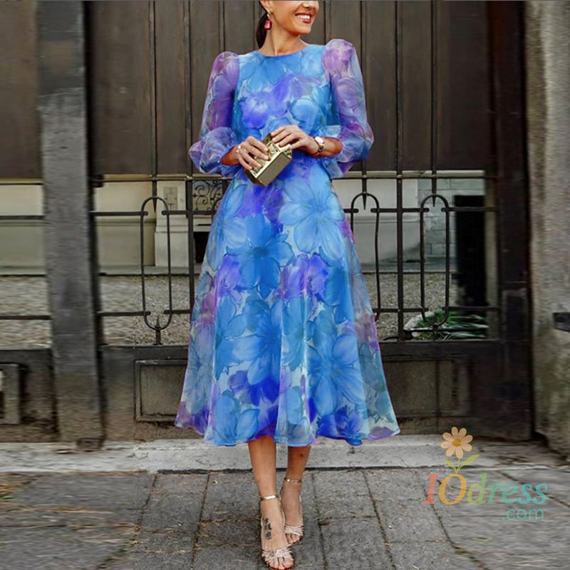 IO Dress Autumn Women Evening Dress Elegant Female Casual Gauze Floral Printed Dress Spring Lady O Neck 3/4 Puff Sleeve Swing Party Dress