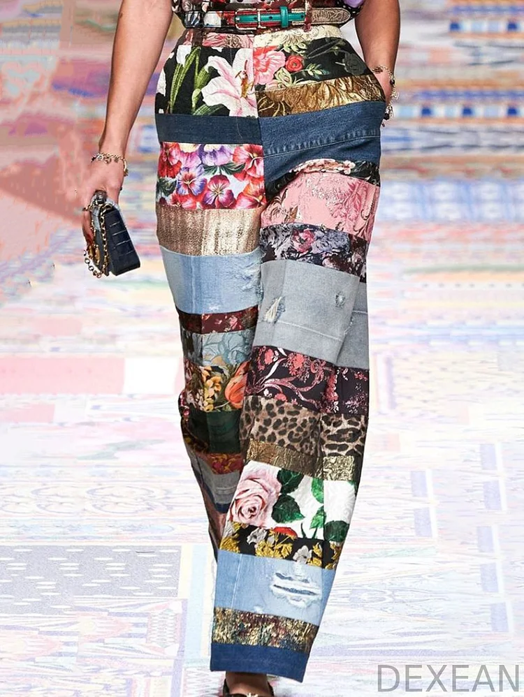 Fashionable Denim Floral Colorblock Patchwork Ripped Pocket Straight Leg Jeans