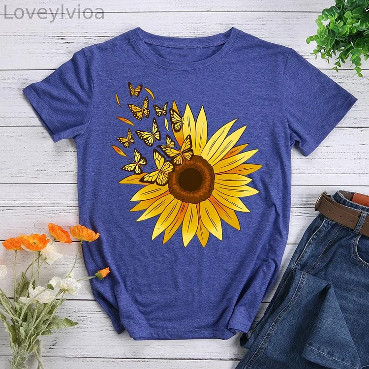 Sunflower Butterfly Fragments Round Neck T-shirt-0023468