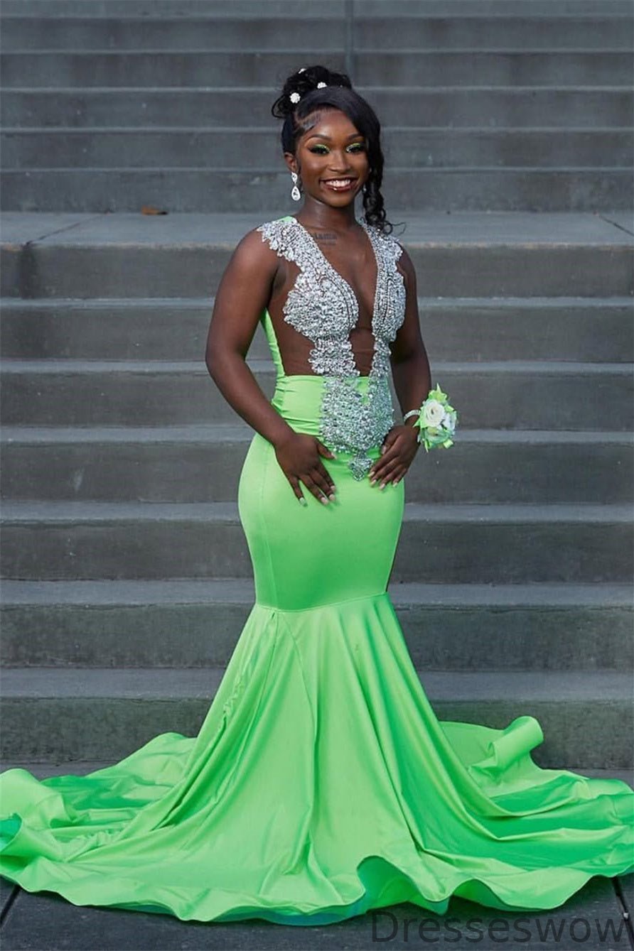 Dresseswow Candy Green Sleeveless Prom Dress Mermaid Long With Beadings