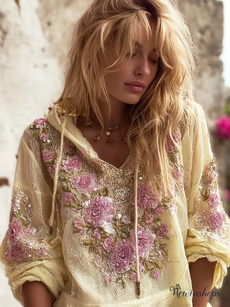 Bohemian Floral Embroidery Women's Linen V-neck Hoodie With Hoodie