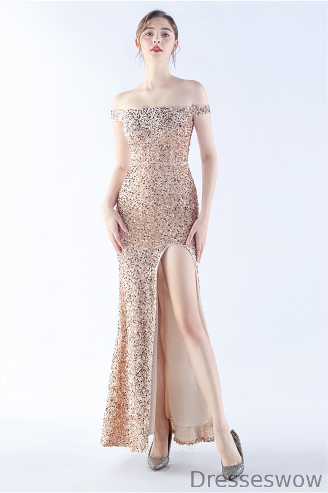Dresseswow Sequins Evening Dress Mermaid Off-the-Shoulder Slit Long
