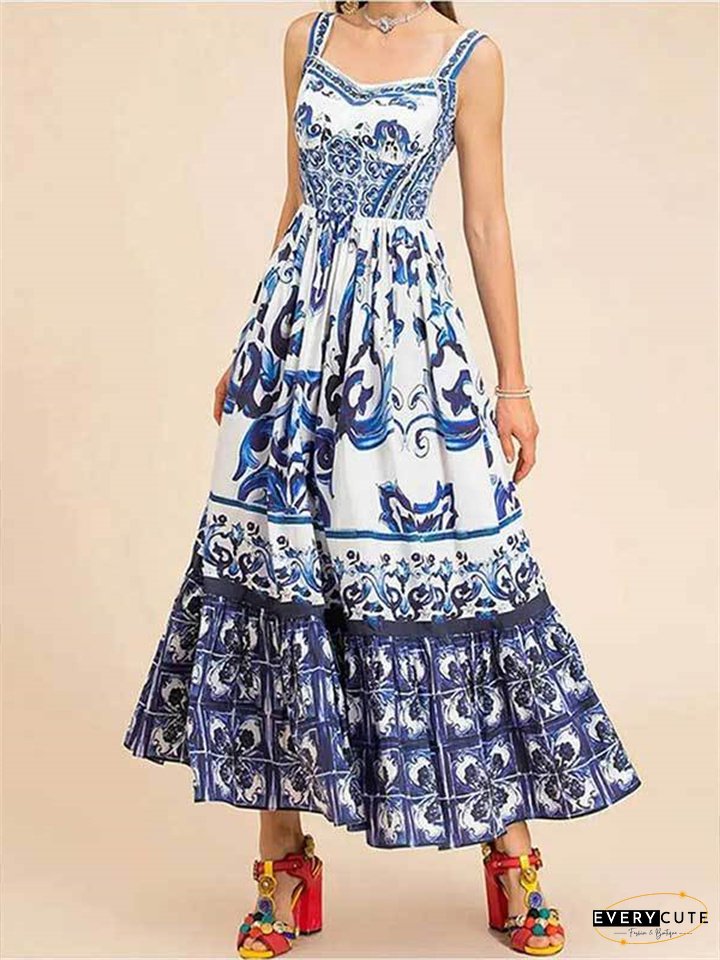 Women's New Bohemian Wind in The Middle of The Long Section of The Large Swing Printed Halter Dresses