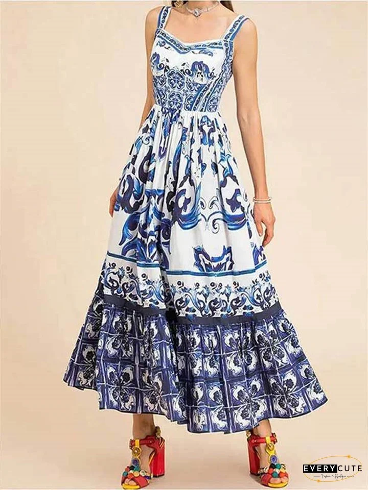 Women's New Bohemian Wind in The Middle of The Long Section of The Large Swing Printed Halter Dresses