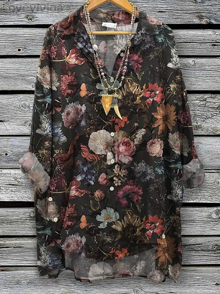 Women's Blooming Spring Field At Night Art Printed Casual Cotton And Linen Shirt