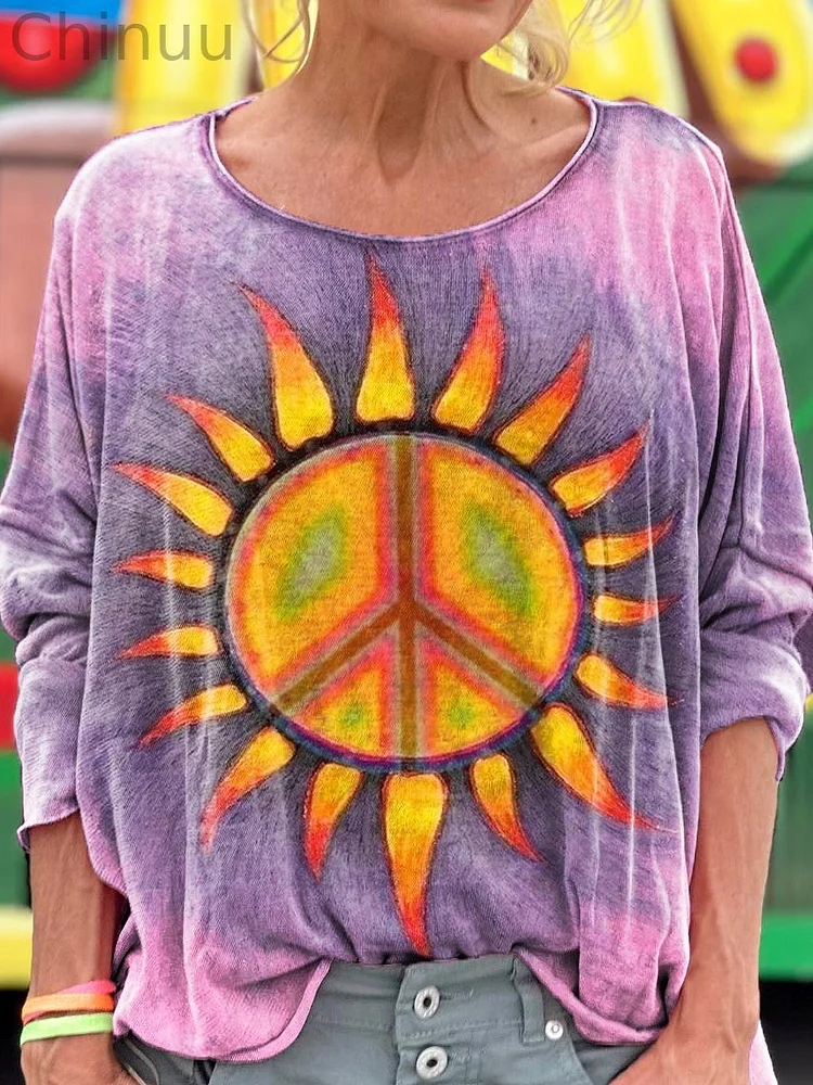 Sun Peace Sign Print Loose Round Neck Women's Long Sleeve T-Shirt