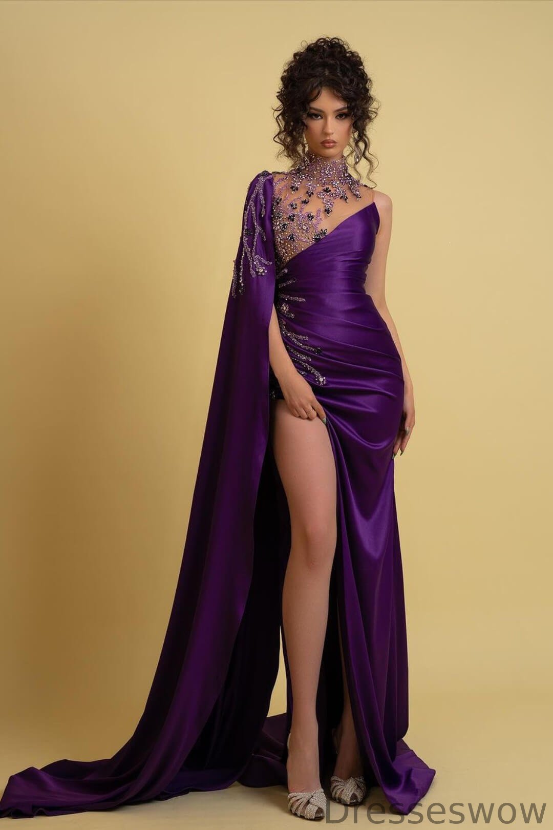 Dresseswow Purple High Neck Mermaid Party Prom Dresses With Split Beadings Ruffles