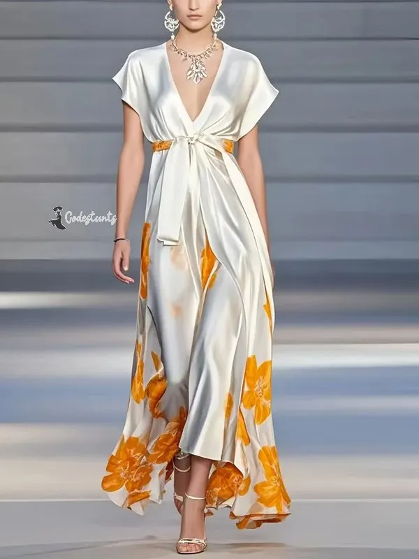 White V-neck Silk Print Maxi Dress