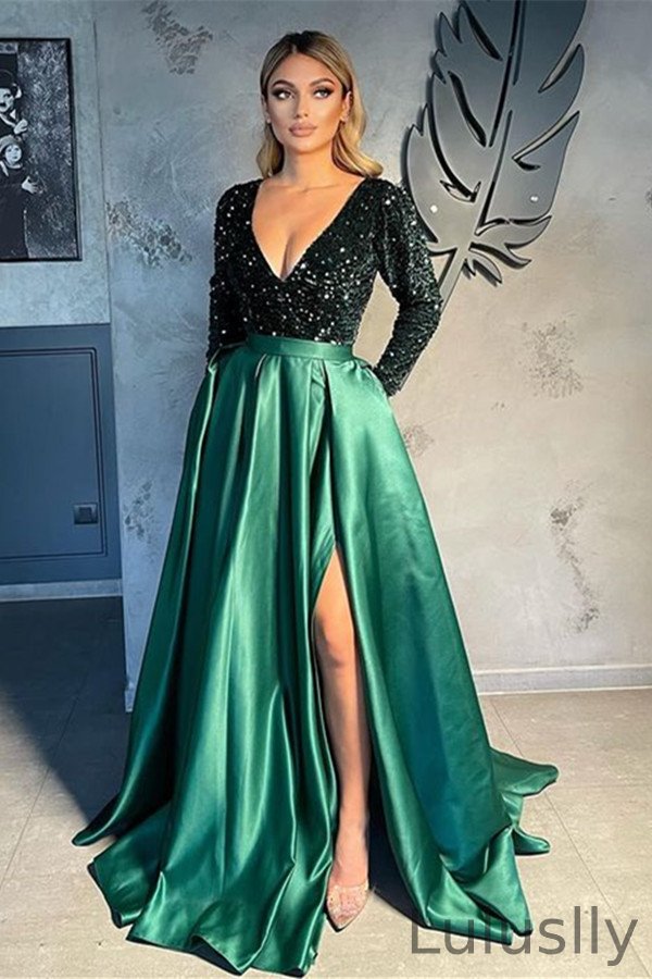 Luluslly Long Sleeves V-Neck Evening Dress Sequins Party Gowns With Slit