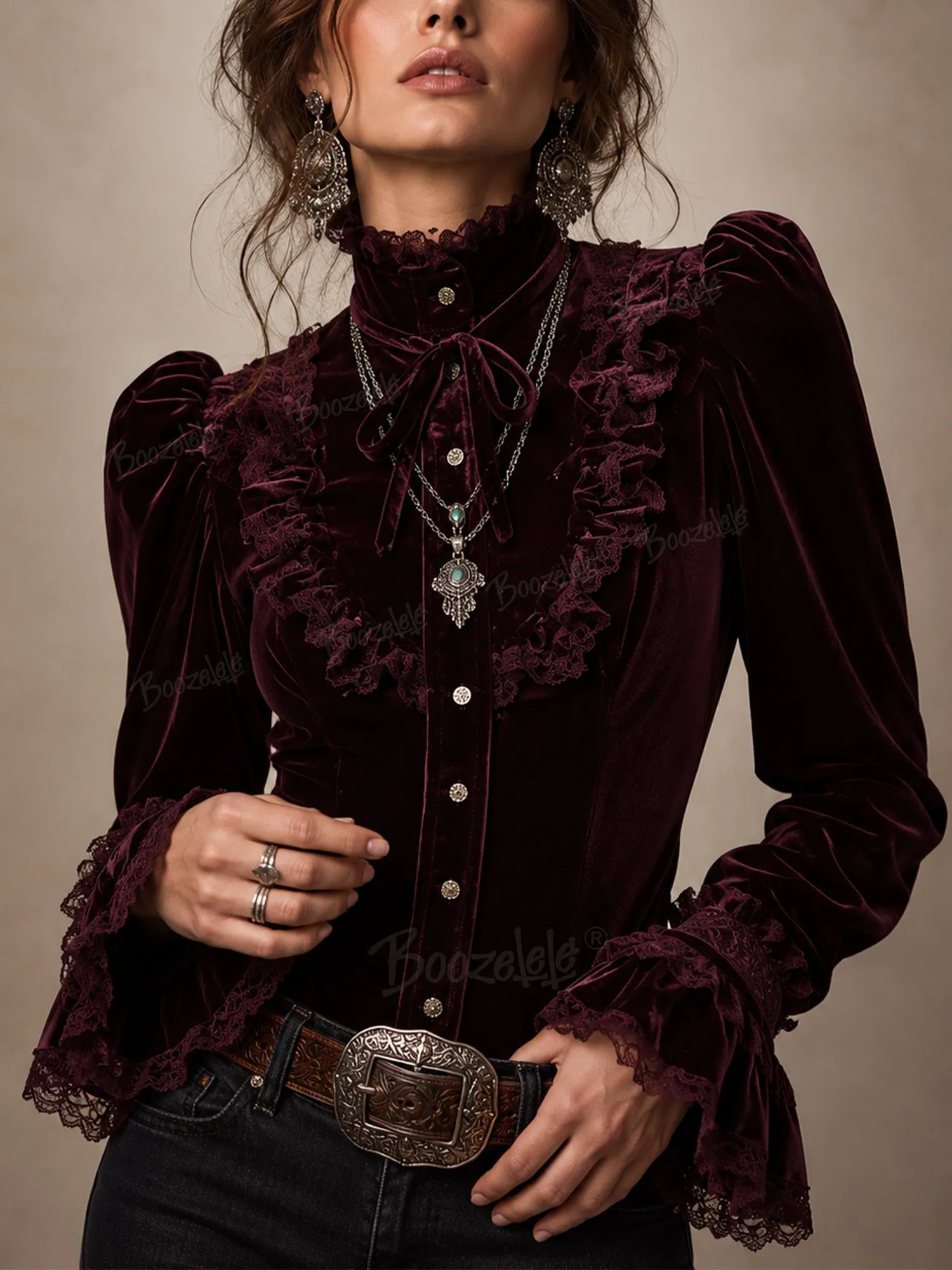 Best for Autumn Vineyard Wine Tastings &mdash; Women's Deep Burgundy, Gothic Ruffle Collar & Flare Sleeve, Soft Velvet, Prairie Shirt