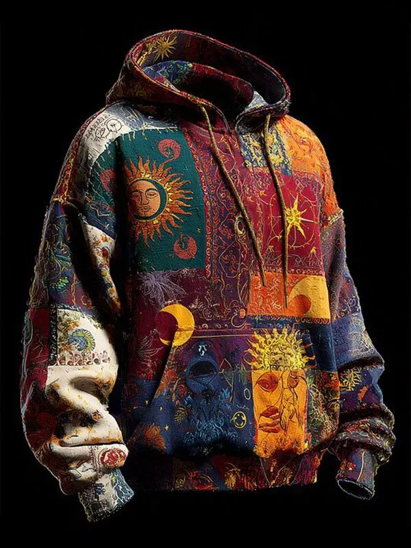 Men's Hippie Sun And Moon Patchwork Colorblock Art Print Pocket Hoodie 22a4