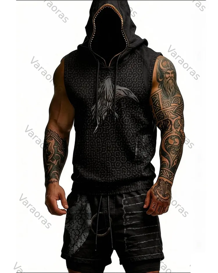 Men's Summer Fashion Viking Embroidered Short-Sleeve Hooded Top and Pants Two-Piece Set 1603