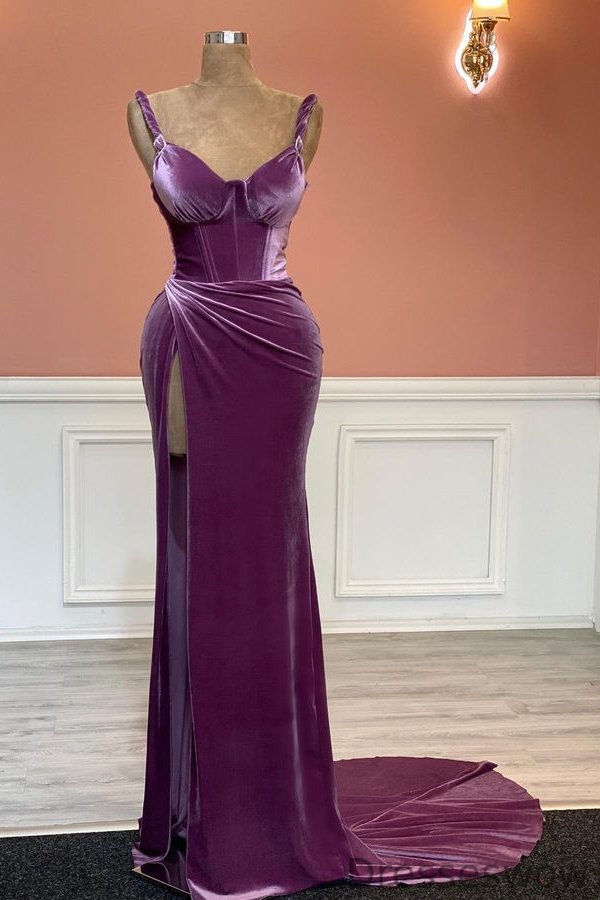 Dresseswow Purple Sweetheart Mermaid Velvet Prom Dress With Split