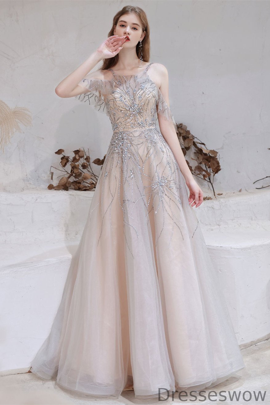 Dresseswow Halter Sleeveless Evening Dress Tulle With Beadings Crystals