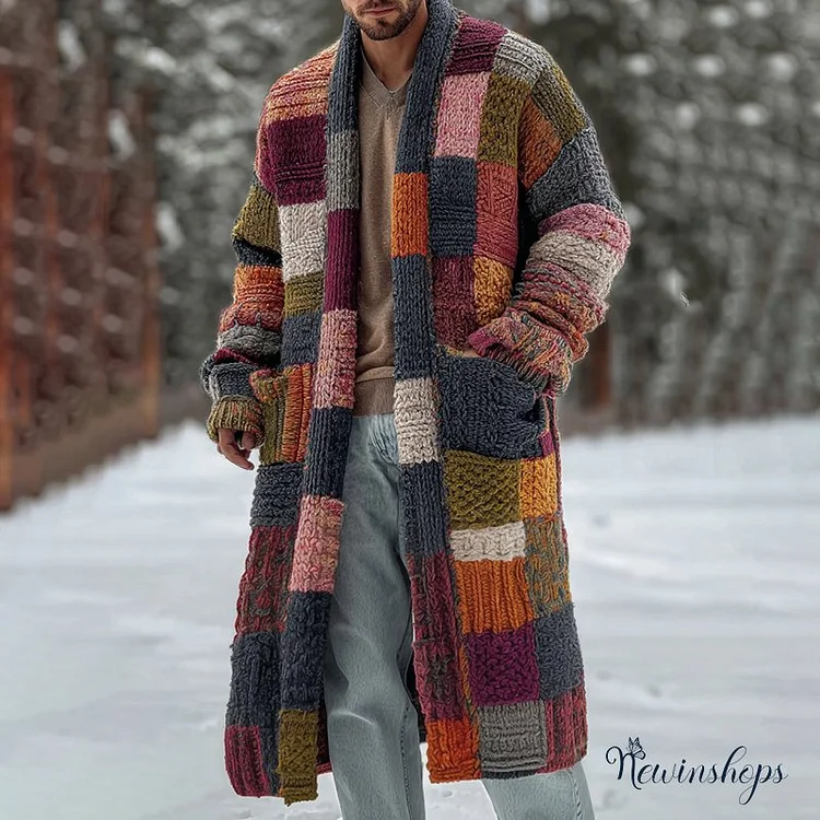 Men's Vintage Geometric Block Knit Warm Sweater Long Cardigan