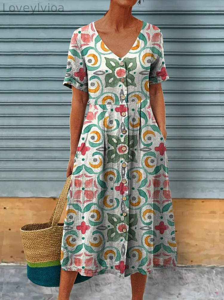 Women's Watercolor Vintage Pattern Linen Pocket Tunic Dress