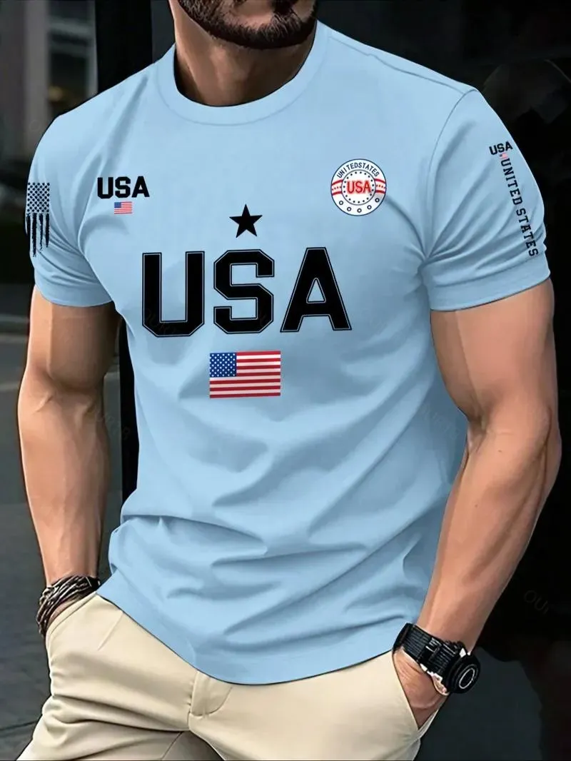 Men's USA Flag Print Round Neck Tee, Regular Fit Casual Short Sleeve Crew Neck T-Shirt for Summer, Fashion Men's Top for Daily Wear Men's USA Flag Print Round Neck Tee, Regular Fit Casual Short Sleeve Crew Neck T-Shirt for Summer, Fashion Men's Top for Daily Wear