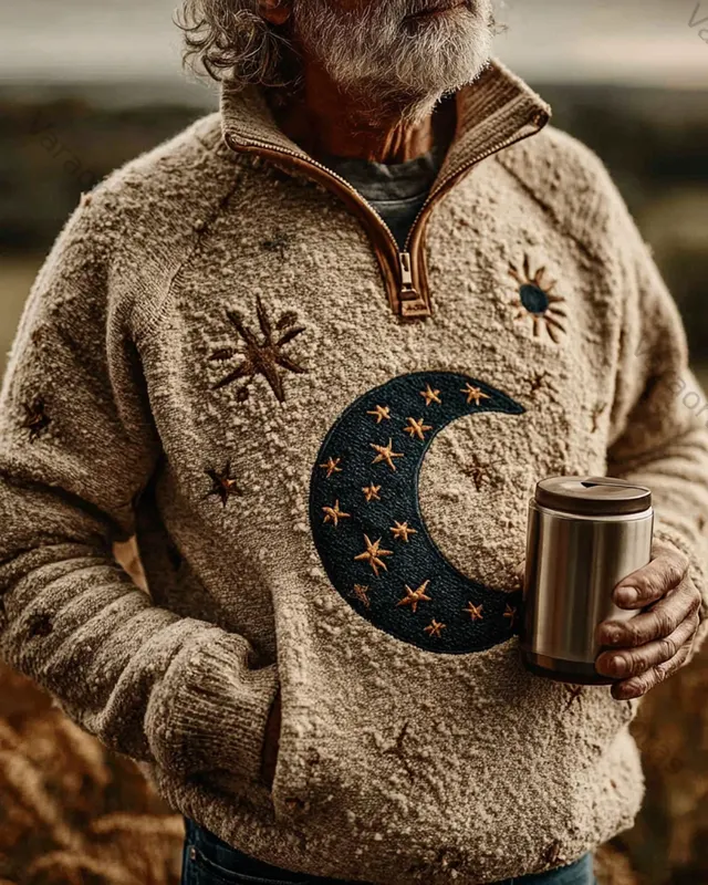Men's Star and Moon 3D Embroidered Handmade Flannel Thick Hooded Sweatshirt 3980