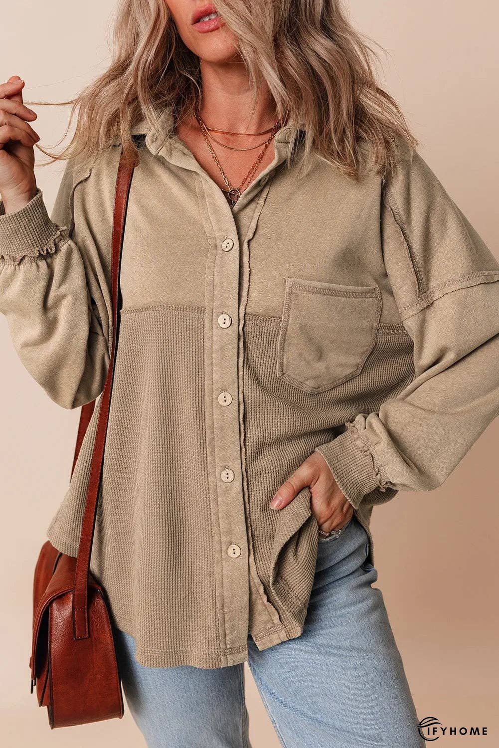 Waffle-Knit Collared Neck Long Sleeve Shacket | IFYHOME