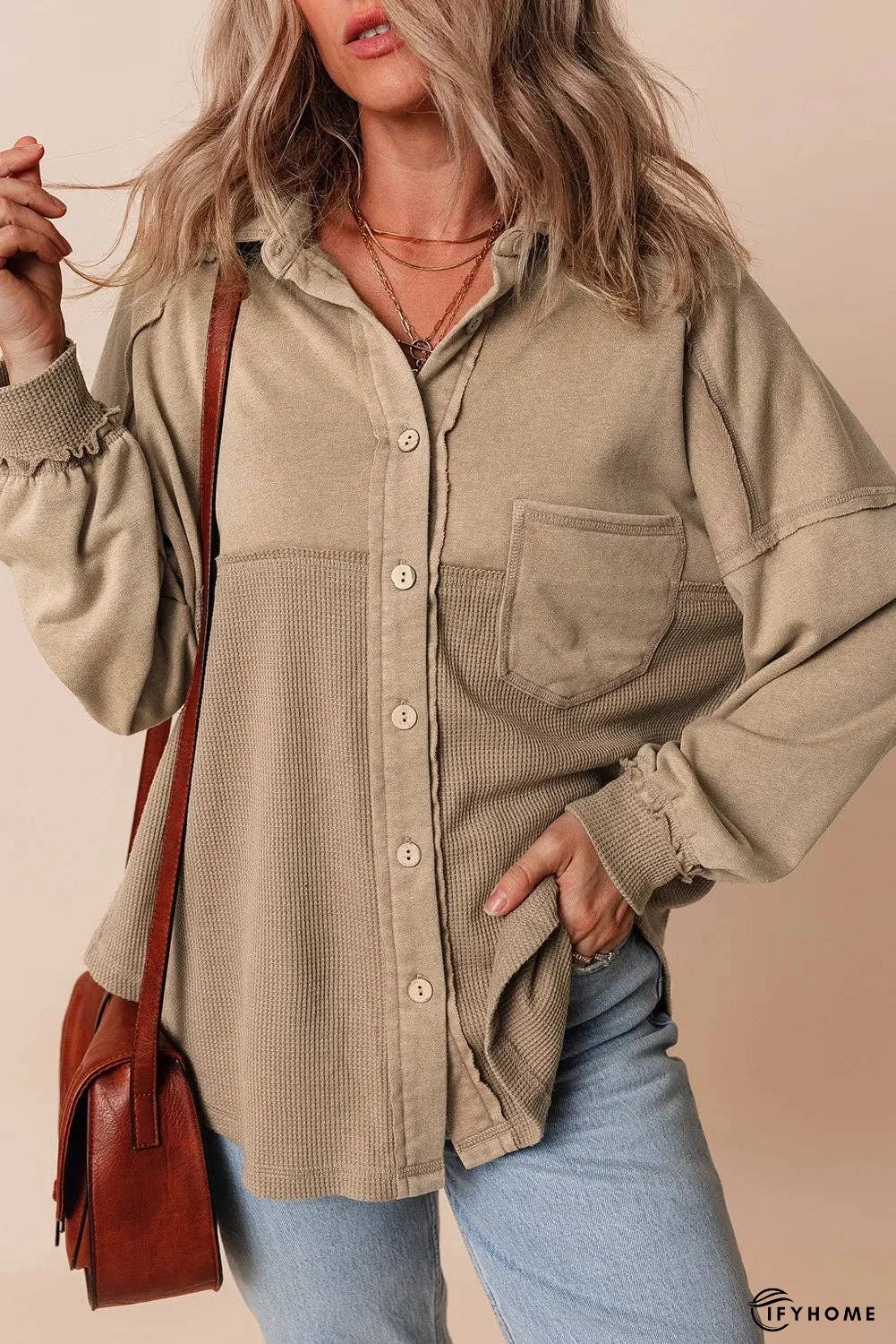 Waffle-Knit Collared Neck Long Sleeve Shacket | IFYHOME