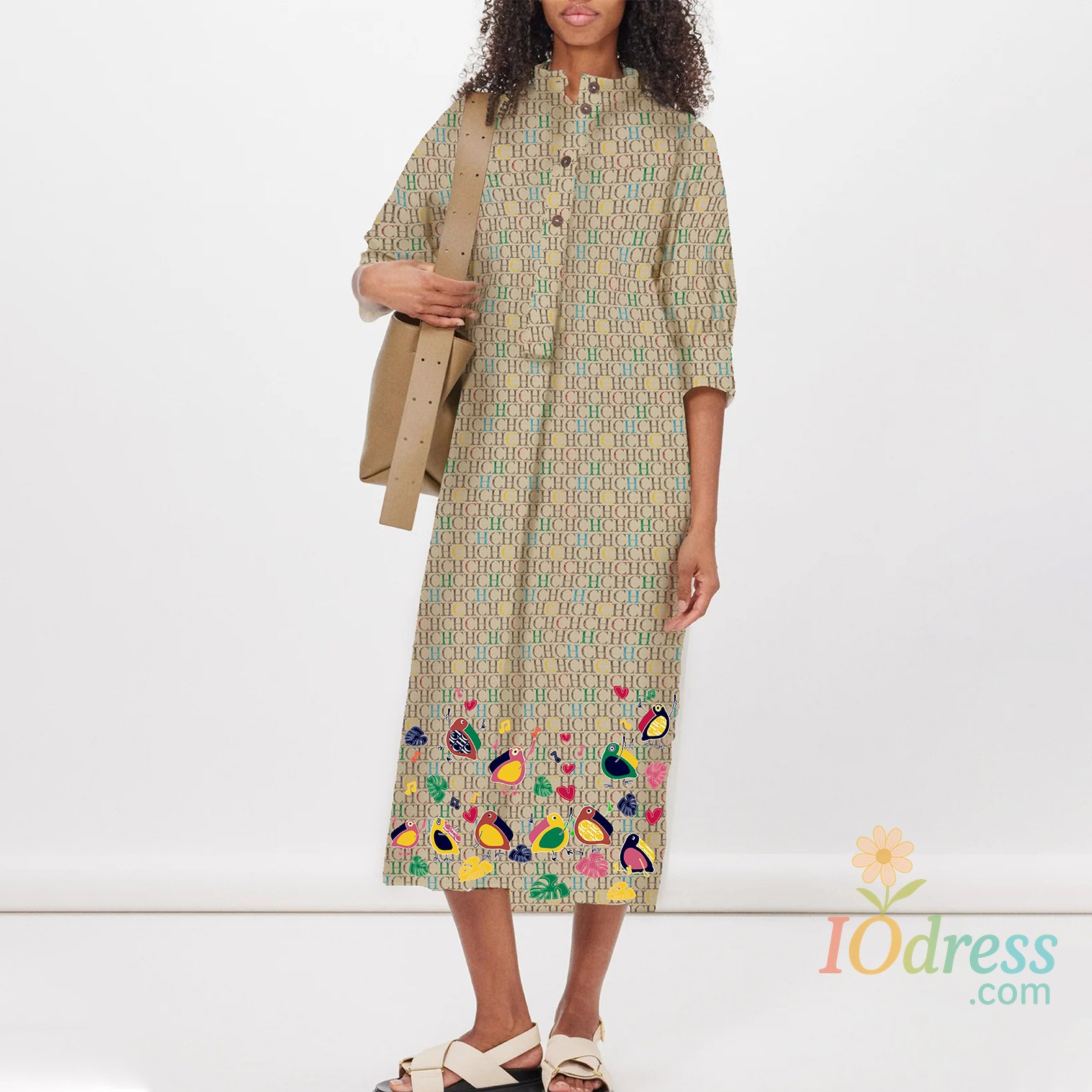 IO Dress CHCH Vintage Women's Dress V Neck Elegant Floral Print Dress Midi Long Puff Sleeve Casual Summer Dresses for Women IO Dress