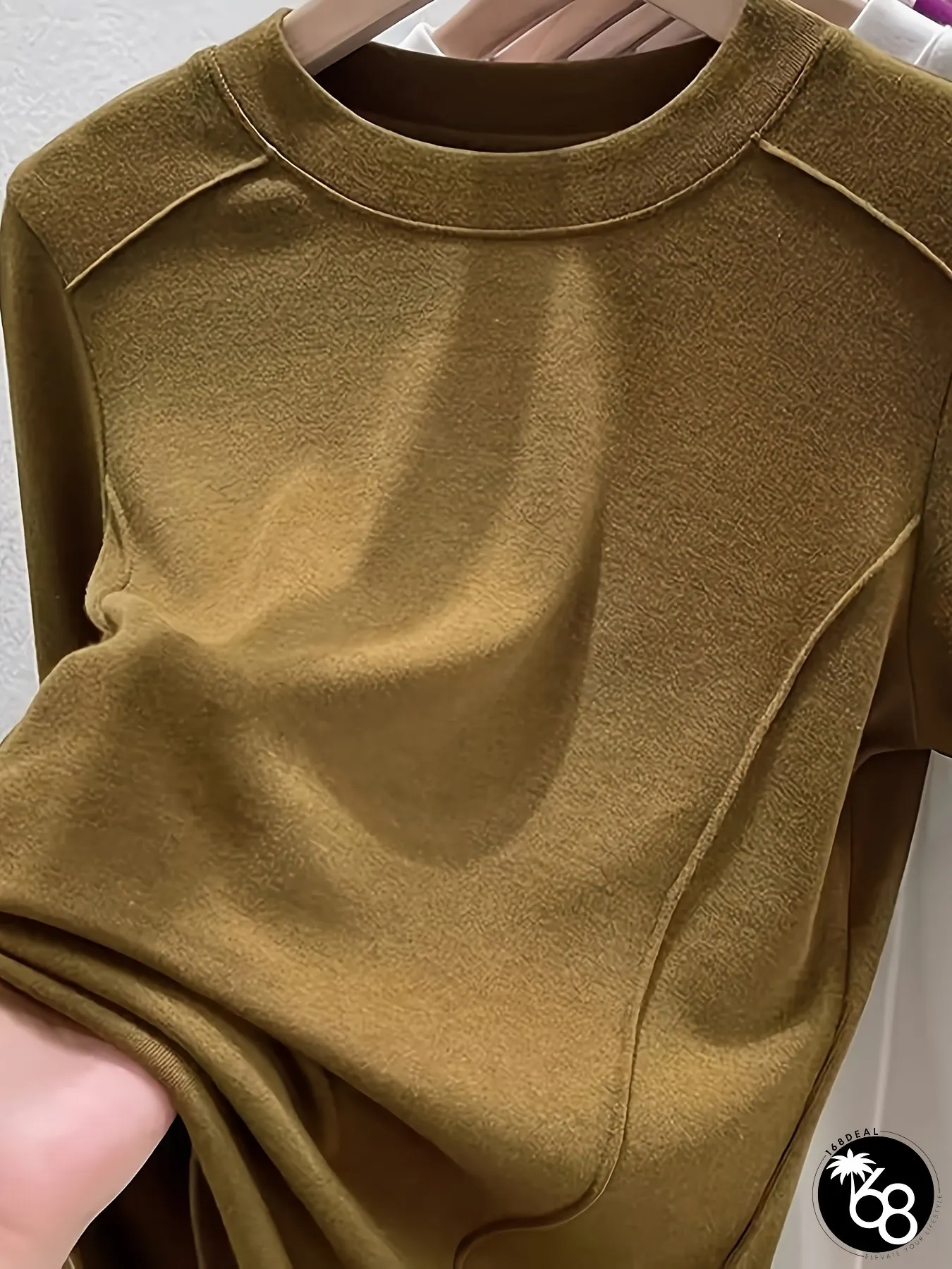 Womens Olive Green Fishbone Button-Free Collar Blouse Long Sleeve Base Layer Shirt H-Line | 168DEAL
